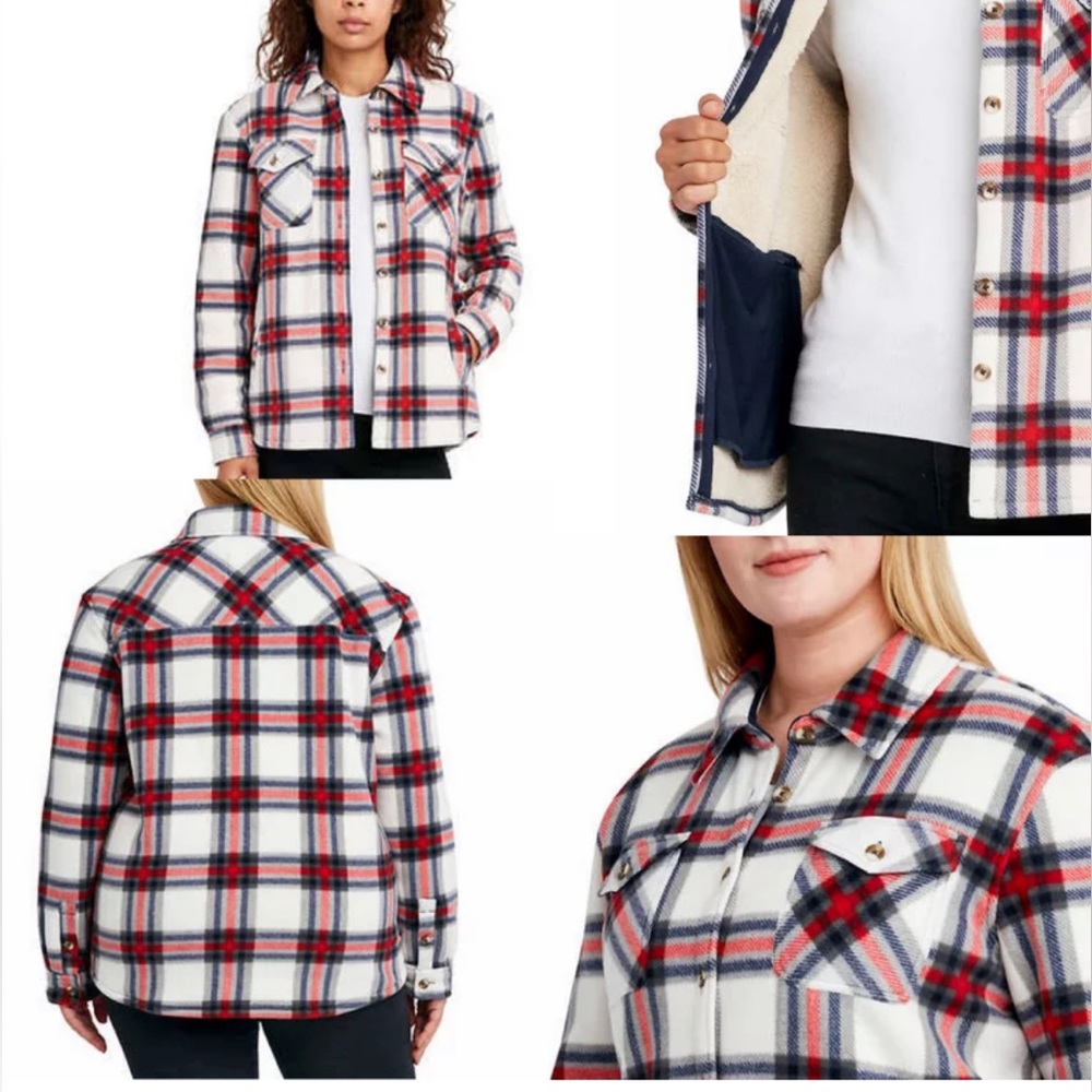 Women's Long Sleeve Plaid Super Plush Sherpa Lined Fleece Shirt Jacket- Pockets